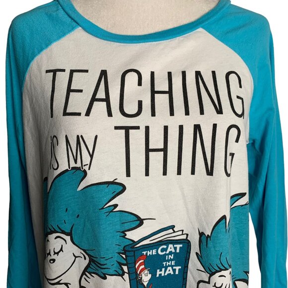 Dr Seuss Teaching is my Thing T Shirt L White Ragland Sleeves Cat in the Hat - Picture 2 of 7
